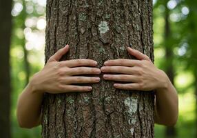 Hugging Tree Trunk with Human Hands in a Lush Green Forest photo