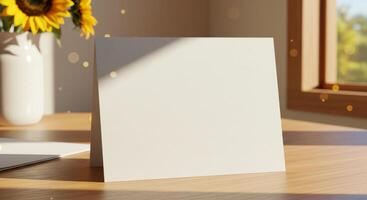 Greeting Card Mockup on Wood Desk with Sunflower and Soft Lighting photo
