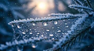 Icy Water Droplets on Spiderweb with Frost in Winter Sunlight photo