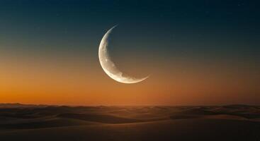 Crescent Moon Over Desert Landscape at Sunset with Starry Night Sky photo