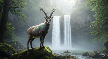Ibex Standing on Mossy Rock with Misty Waterfall Backdrop photo