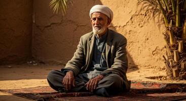 Man Sitting in Meditation on Rug Outside with Traditional Middle Eastern Clothing photo