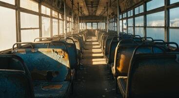 Exploring Abandoned Bus Interior with Peeling Paint and Sunlight Streaming photo