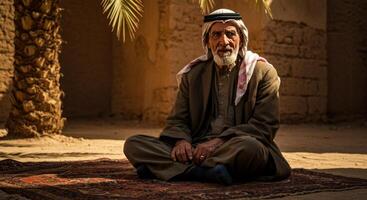Elderly Arab Man Meditating on Rug in Desert Oasis Setting photo