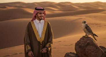 Arab Man with Falcon in Desert Landscape at Sunset photo