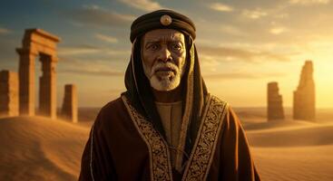 Man Wearing Traditional Arabian Clothing Standing in Desert Ruins Landscape photo