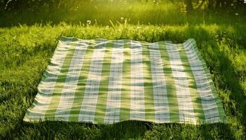 A soft green plaid picnic blanket spread on lush grass, bathed in warm morning sunlight, ready for a peaceful outdoor meal. photo