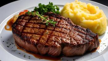 A perfectly seared steak with rich grill marks, drizzled with savory sauce, served alongside creamy mashed potatoes. photo