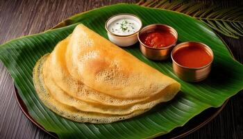 Golden crispy dosa served on a banana leaf with coconut chutney, red chutney, and sambar for a traditional meal. photo