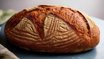 A beautifully baked artisan sourdough bread with a golden crust and intricate scoring pattern on top. photo