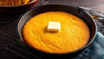 A golden homemade cornbread baked in a cast iron skillet, topped with a pat of melting butter for extra richness. photo