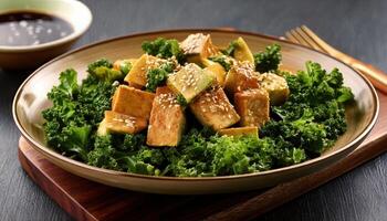 A nutritious tofu and kale salad topped with sesame seeds and a flavorful soy-based dressing, served fresh and crisp. photo