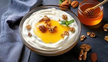 Delicious Greek Yogurt with Golden Honey and Crunchy Nuts, Served in a Bowl for a Healthy and Nutritious Snack photo
