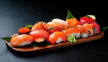 A beautifully arranged sushi platter featuring fresh sashimi, nigiri, and rolls, served with wasabi and garnish. photo