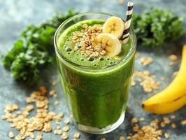 Green smoothie with banana and oats on textured surface photo