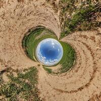 A circular view of a field with a blue sky photo