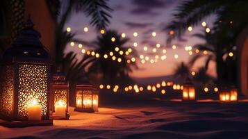 Decorative lanterns and string lights at twilight time photo