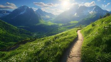A path through green hills towards mountain peaks view photo