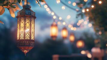 Ornate lantern hanging with blurred string lights view photo