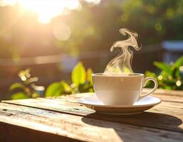 Steaming Coffee Cup on Rustic Wooden Table with Soft Shadows photo