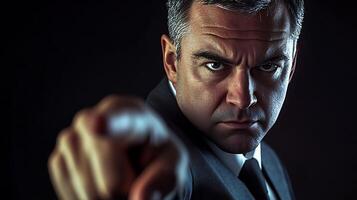 Stern man in suit pointing directly at viewer with intense gaze against a dark background image photo