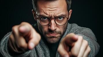 Man with glasses pointing with both hands directly at the viewer with a serious expression on his face photo