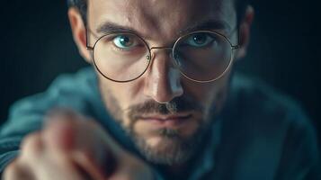 Man with glasses pointing directly at the viewer with a serious expression on his face close up shot photo