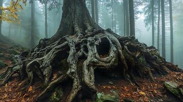 Large tree with exposed roots in a misty forest landscape with tall trees and fallen leaves around it photo