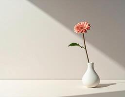 Minimalist still life image of a flower in bright pastel colors with diagonal shadow photo