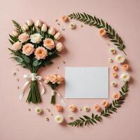 Minimalist still life wedding concept flowers flat lay with blank space photo