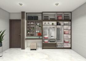 3D design idea for an open wardrobe and dressing table cabinet without doors, designed for storage division and partitions. photo