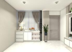 Minimalist 3D design for a shoe and storage cabinet positioned under a window. photo