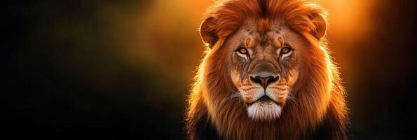 Majestic Lion with Stunning Mane Against a Dramatic Warm Background photo