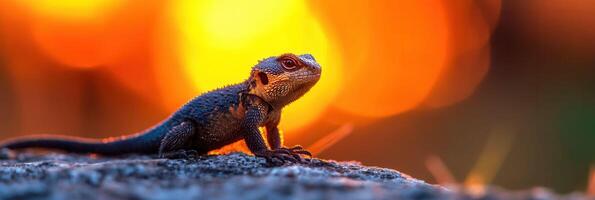 Vibrant Lizard Perched on Rock Against Orange Sunset Background photo