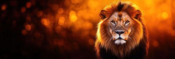 Majestic Lion Staring Intently with Radiant Sunset Bokeh Background in Nature photo
