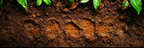 Fresh Soil with Animal Tracks Surrounded by Green Leaves in Nature Setting photo