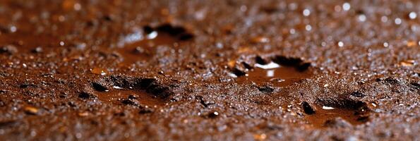 Close-Up of Muddy Paw Prints on Wet Earth with Sparkling Water Droplets photo