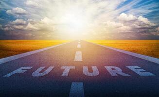 Future on the road in the middle of asphalt road with at sunset forward. Business target and growth strategy concept photo