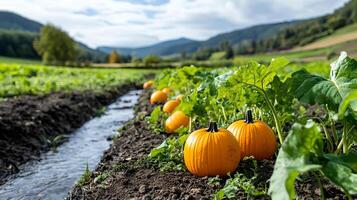 Pumpkins growing in a field with a stream running through it photo