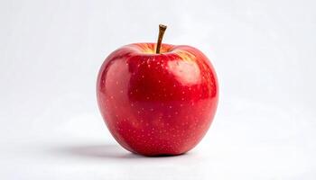 Bright red apple with glossy skin and intact stem, isolated on a plain white background. A crisp, fresh look perfect for food ads, nutrition themes, packaging, and healthy living visuals. photo