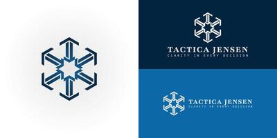 The logo features six arrows radiating from a central star, incorporating the initials TJ. This design symbolizes integrated data, global analytic, and the platform's ability to analyze worldwide data vector