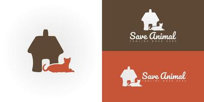 The comforting image features a stylized cat calmly resting next to its safe shelter. The simple outline of a house-like cage in warm brown conveys a sense of security and home. vector