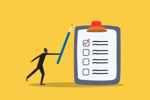 Businessman with pencil and checklist clipboard. concept of Task checklist, clipboard with to do list checkmark, task management to track work completion, accomplishment, survey. vector