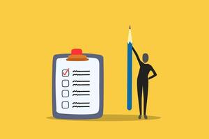 Businessman with pencil and checklist clipboard. concept of Task checklist, clipboard with to do list checkmark, task management to track work completion, accomplishment, survey vector