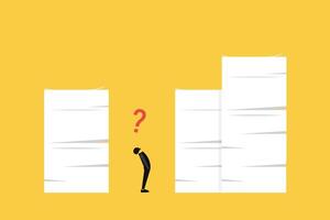 Businessman with question mark looking up documents paperwork. concept of Workload and aggressive deadline causing exhaustion and burnout, overload or overworked office routine vector