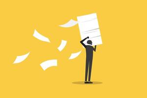 Worker carrying heavy documents documents paperwork. concept of Workload and aggressive deadline causing exhaustion and burnout, overload or overworked office routine. vector