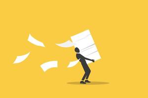 Worker carrying heavy documents documents paperwork. concept of Workload and aggressive deadline causing exhaustion and burnout, overload or overworked office vector