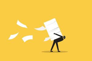 Worker carrying heavy documents documents paperwork. concept of Workload and aggressive deadline causing exhaustion and burnout, overload or overworked office routine vector