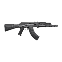 A sleek black automatic assault rifle rests on transparent background with details showing png