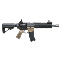 Modern rifle is shown with a tactical magazine and scope on transparent background png